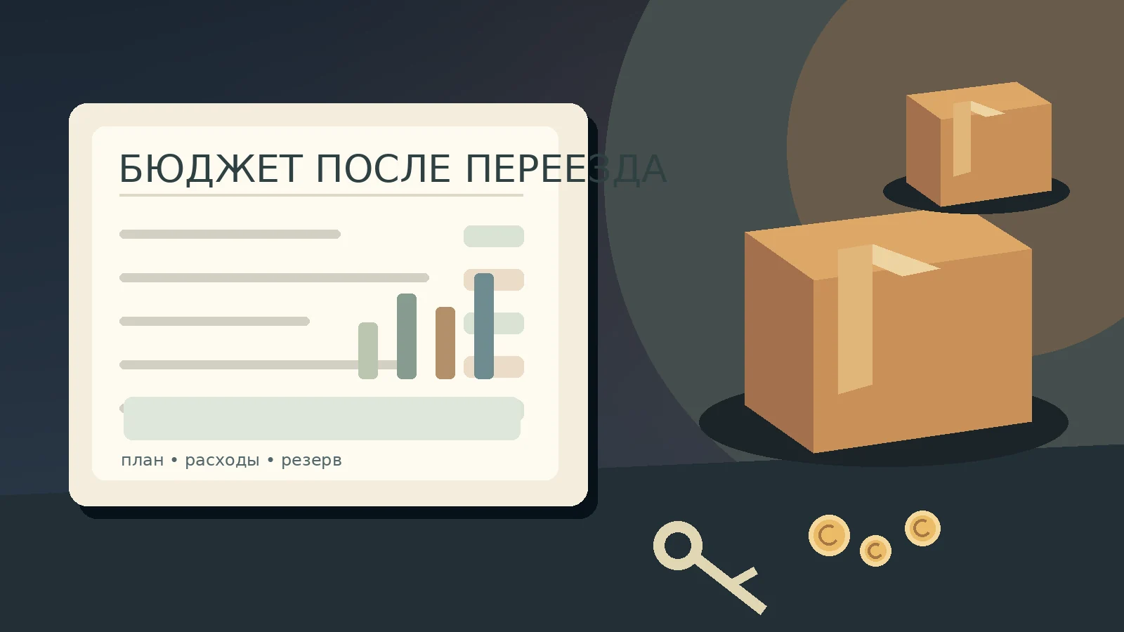 Авторская редакционная иллюстрация: семейный бюджет, коробки для переезда и ключи от нового жилья