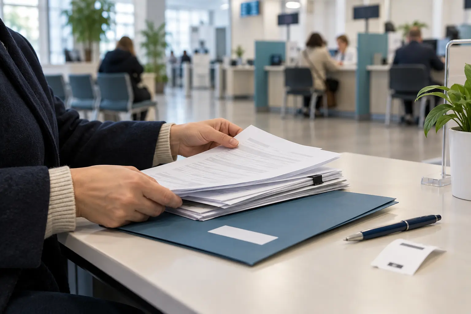Посетитель готовит документы для подачи заявления в МФЦ